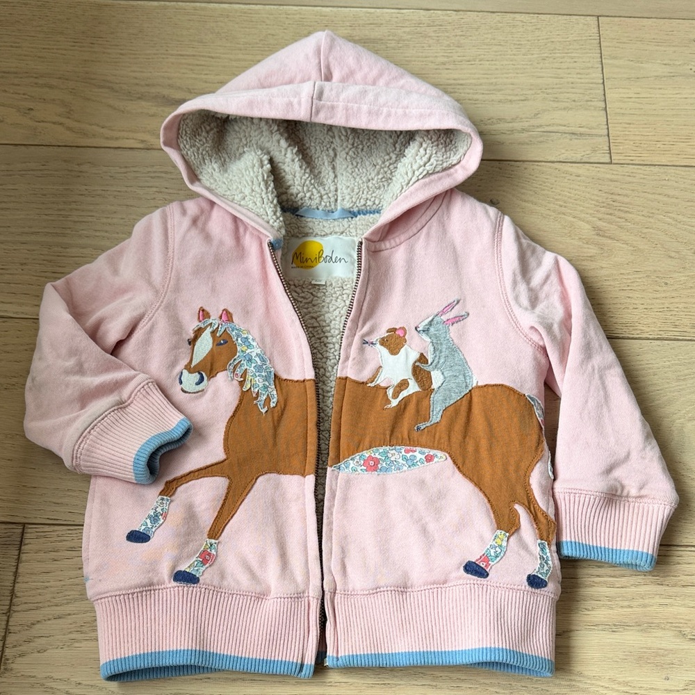 Boden Fuzzy Pink Hoodie with Horse and Rabbit Design - fuzzyr warm inside